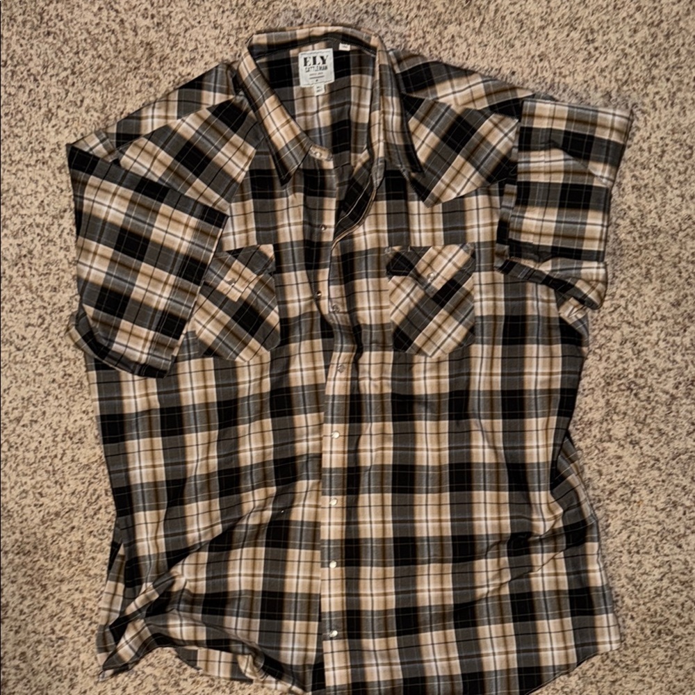 Ely cattleman 3xl tall pearl snap light Plaid Button-Up Shirt in Black and Tan